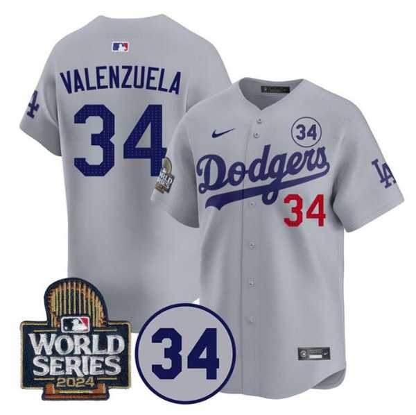 Mens Los Angeles Dodgers #34 Toro Valenzuela Gray 2024 World Series With No. 34 Patch Limited Stitched Baseball Jersey